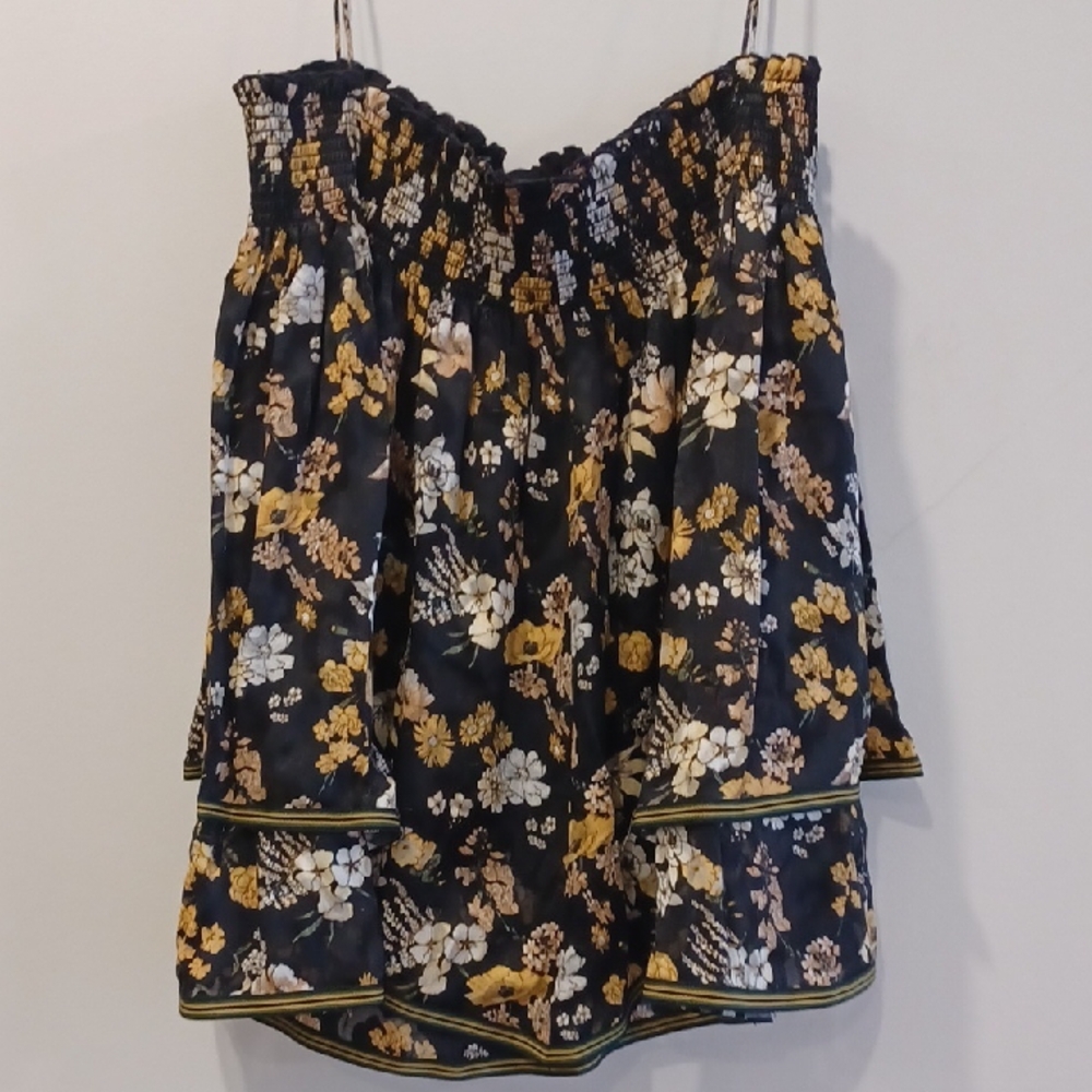 Derek Lam Black Floral Smocked Camisole with Mustard & Cream Flowers